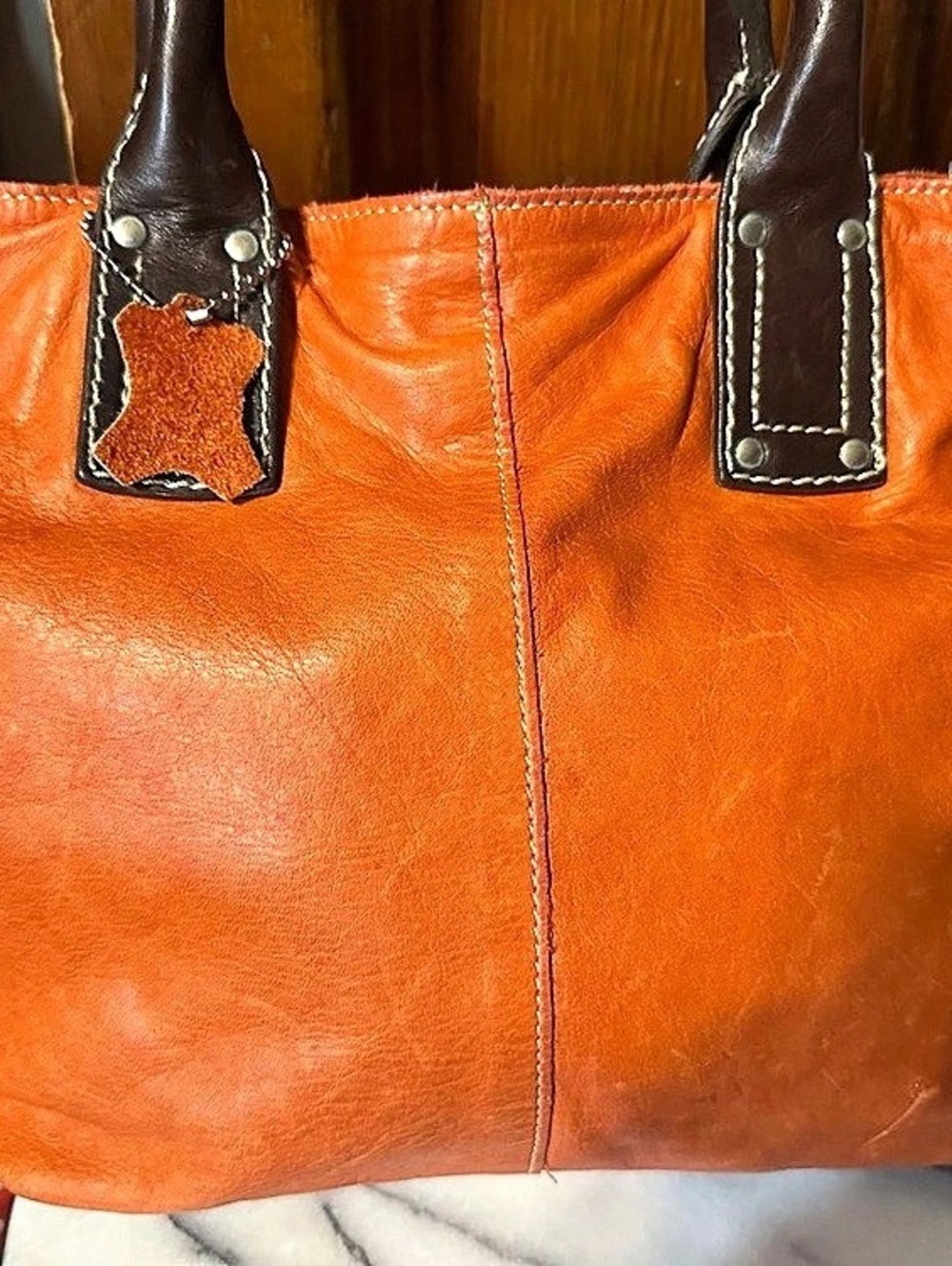 Orange Leather Tote Bag